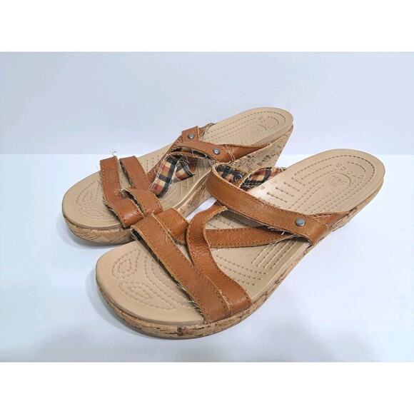 Crocs A-leigh Women's 9 Wedge Sandals Brown Leather Cork Strappy - Picture 1 of 10